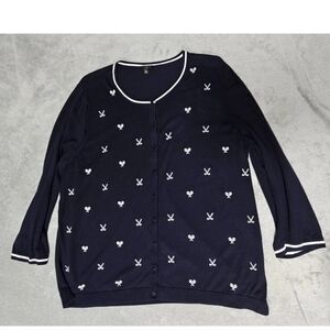 Talbots Womens 2XL Cardigan Sweater Navy Blue Embroidered Golf Tennis